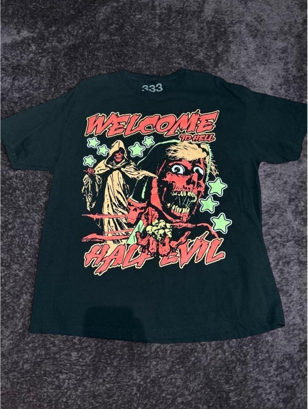 Heavyweight black 333 Half Evil tee featuring the bold “Welcome to Hell” graphic